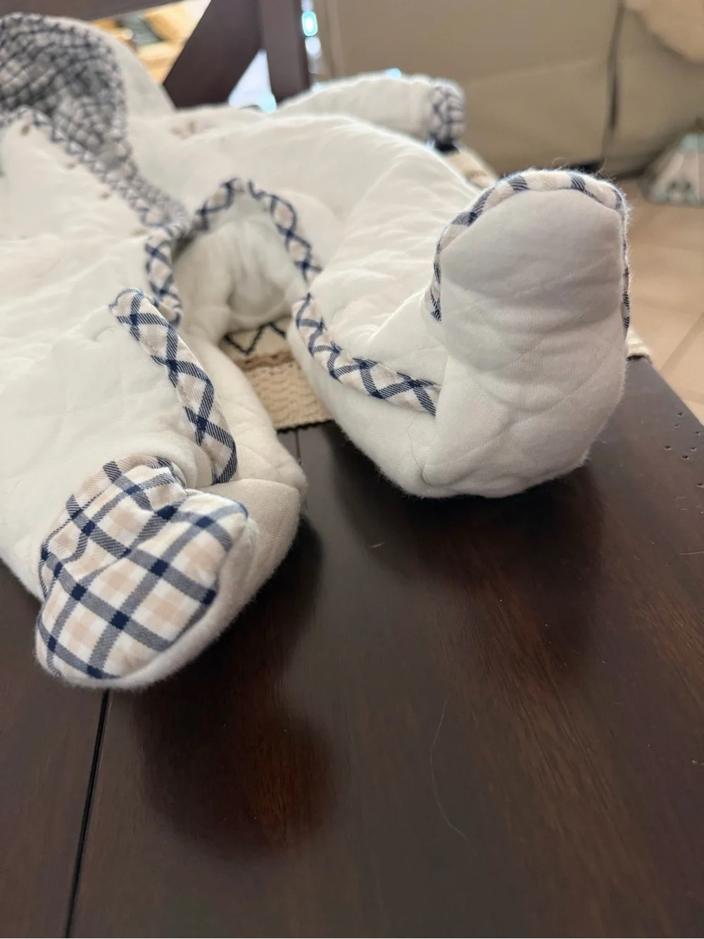 Little Me Cream and Navy Plaid Quilted Baby Footed pram